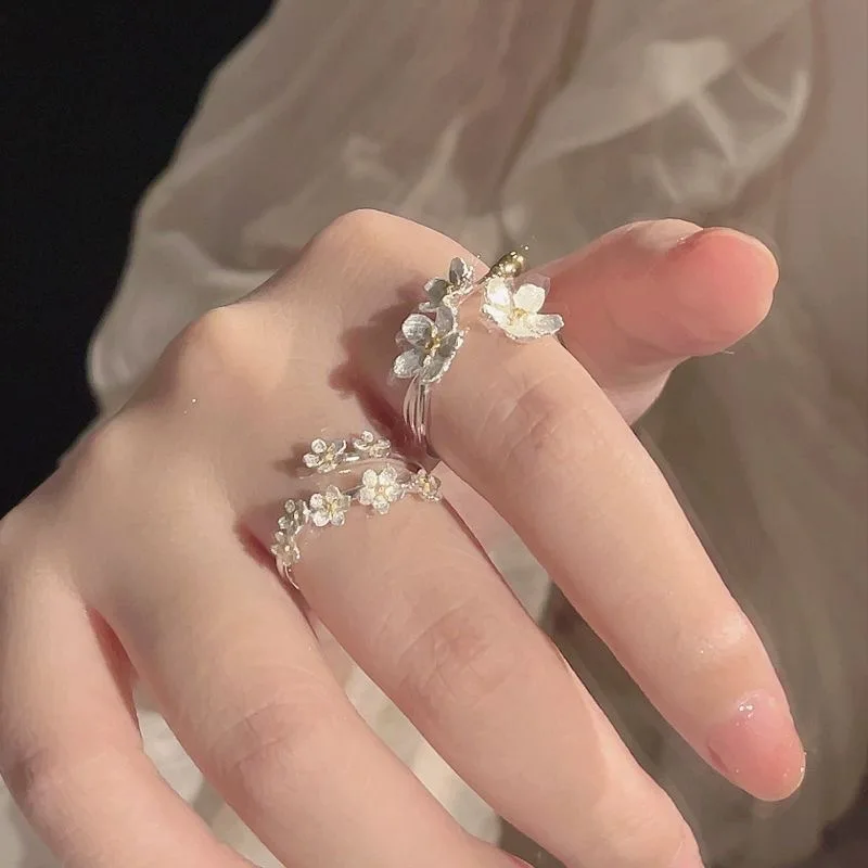 Unique Delicate Flower Opening Adjustable Rings for Women Silver Color Minimalist Finger Ring Engagement Jewelry Female Gift