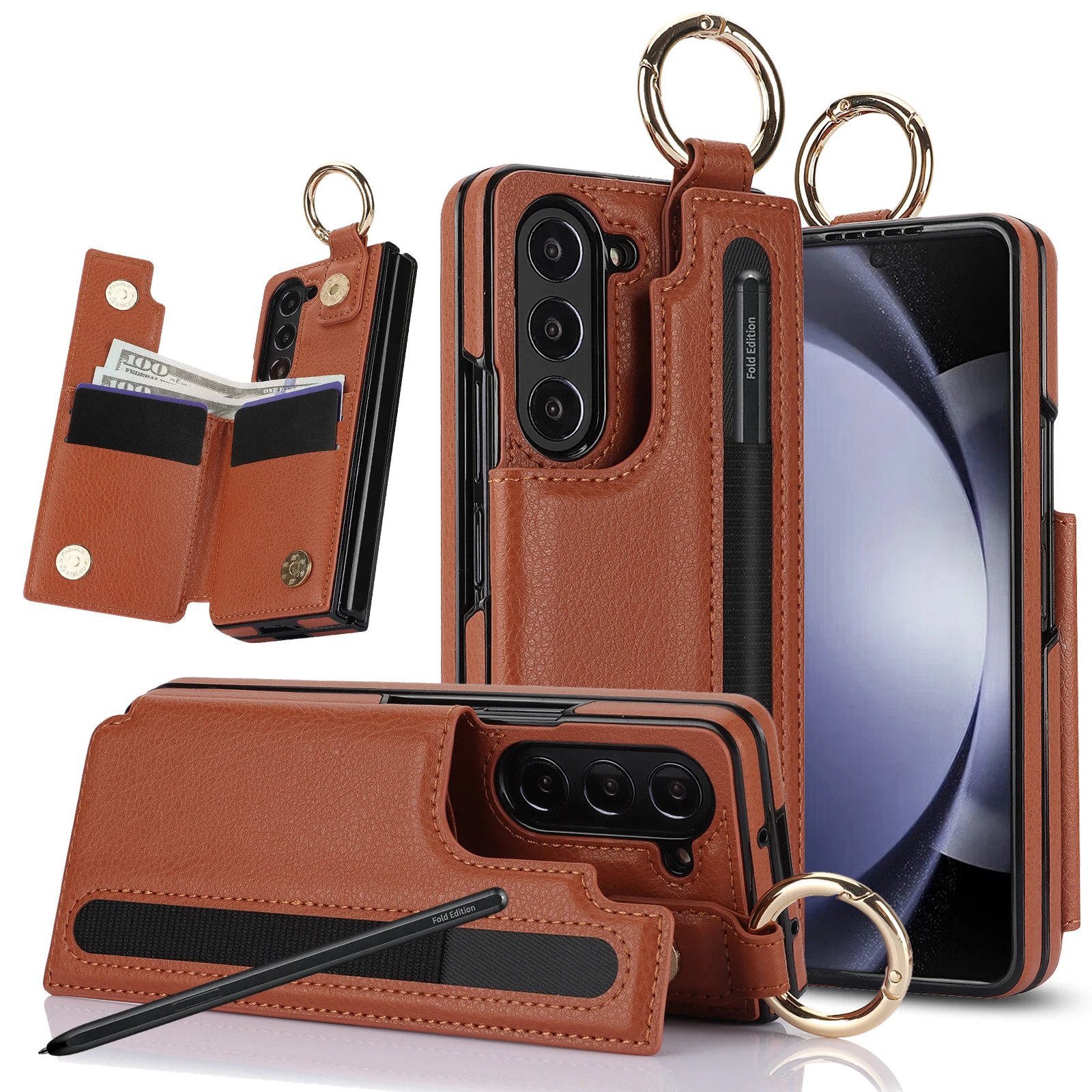 

PU Leather Ring Phone Case for Samsung Galaxy Z Fold 5 4 3 Fold5 Fold4 Fold3 5G Wallet with Pen Holder & Card Slot (No Pen)