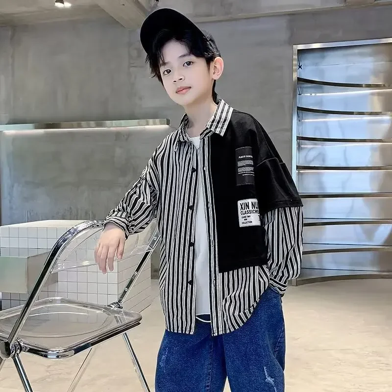 Children's Loose-Fit Striped Shirt Long Sleeve Autumn Collection Vest Trendy Jacket For Boys Spring Autumn