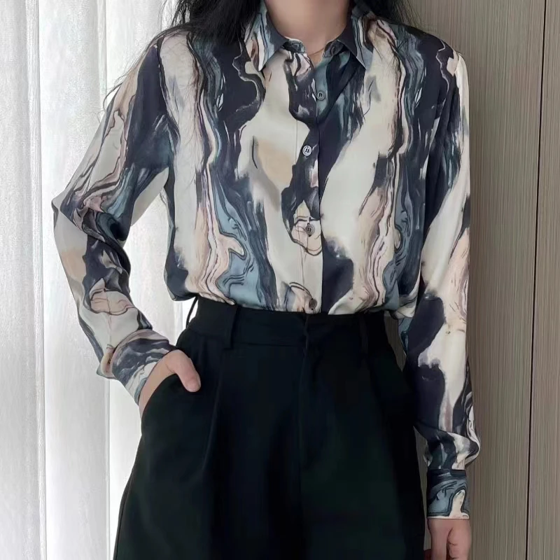 

Женская офисная блузка с принтом чернил, Повседневная винтажная Свободная рубашка с длинным рукавом и отложным воротником, весна-осень 2023