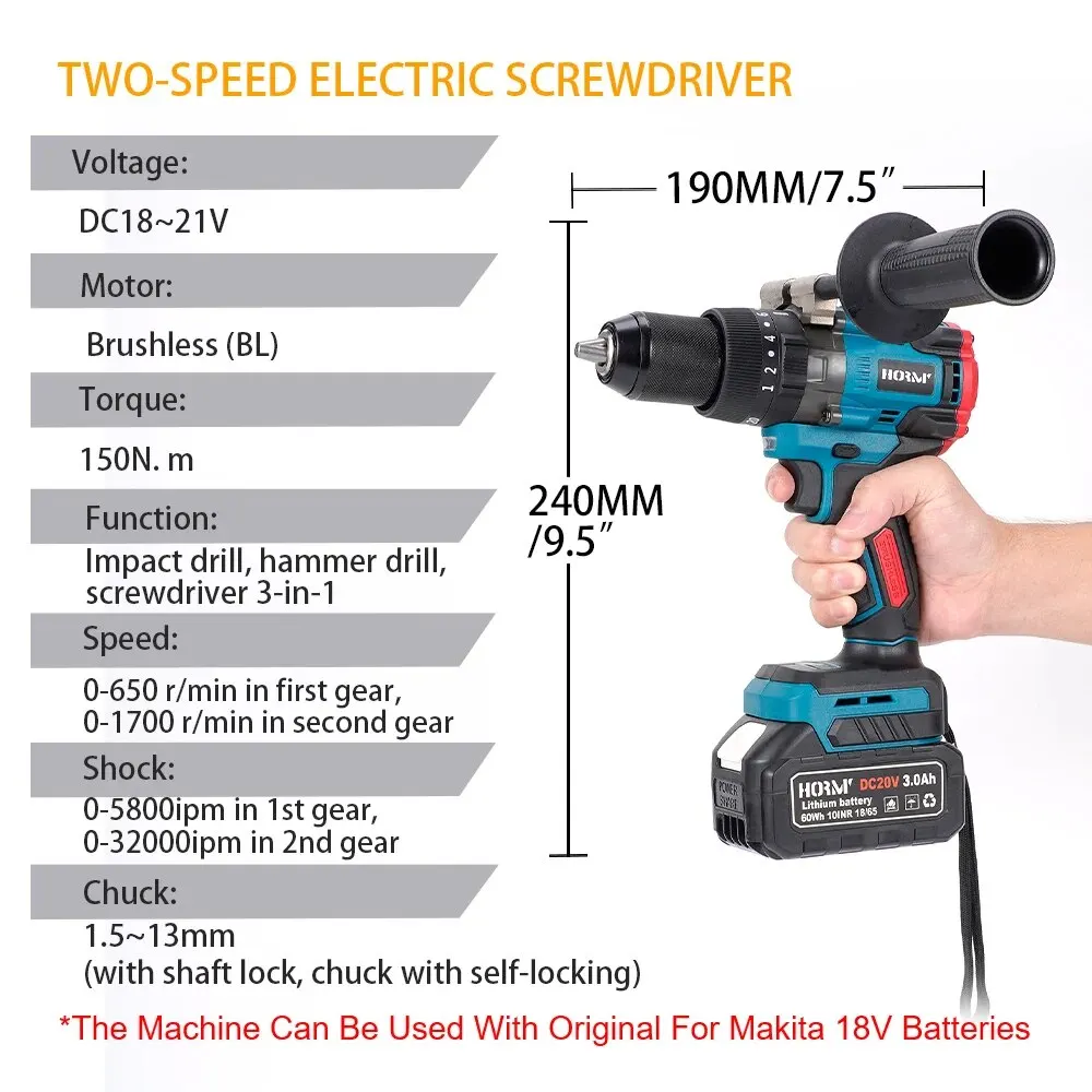 Hormy 귯ø  Ʈ 帱,  ũ, 3in 1  ڵ ũ ̹ ظ  , Makita 18V ͸, 150N.m