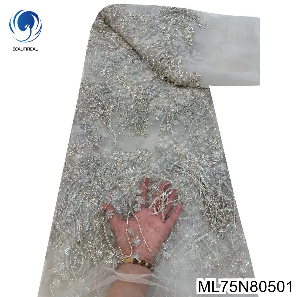 

New Arrive French Exquisite White Lace High-end Handmade Bead Fabric with African Sequined Tulle Women Party Dress ML75N805