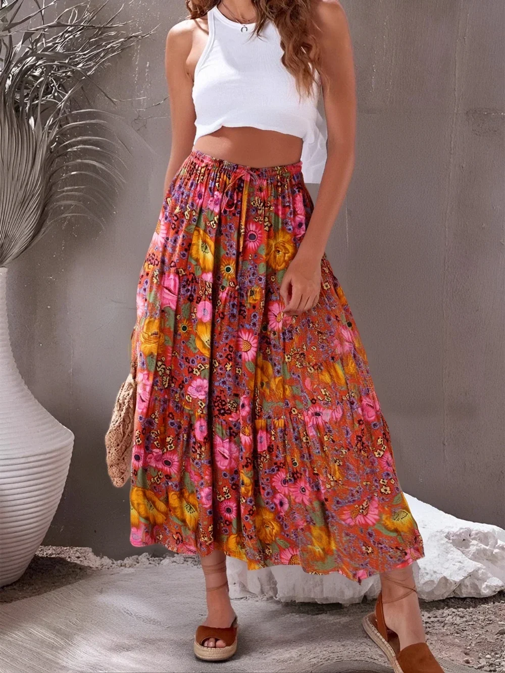 Crop Top Outfits Con Faldas Largas Floreadas Casual Outfit Con