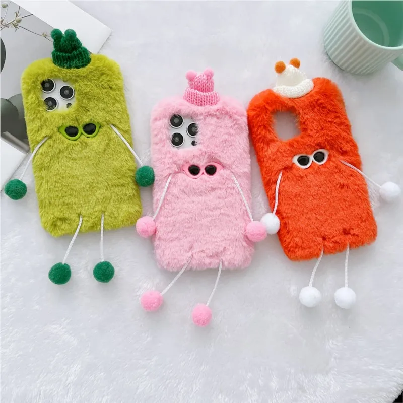 Charming Cartoon Fluffy Plush Phone Case - Cute Furry Warm Protective Cover