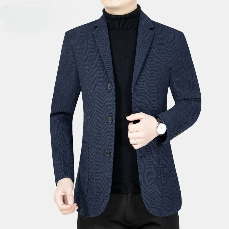 

2023 Fashion Men's Autumn Winter Woolen Blazers Coats Male Casual Suit Jackets Men Slim Streetwear Long Sleeve Outerwear D335
