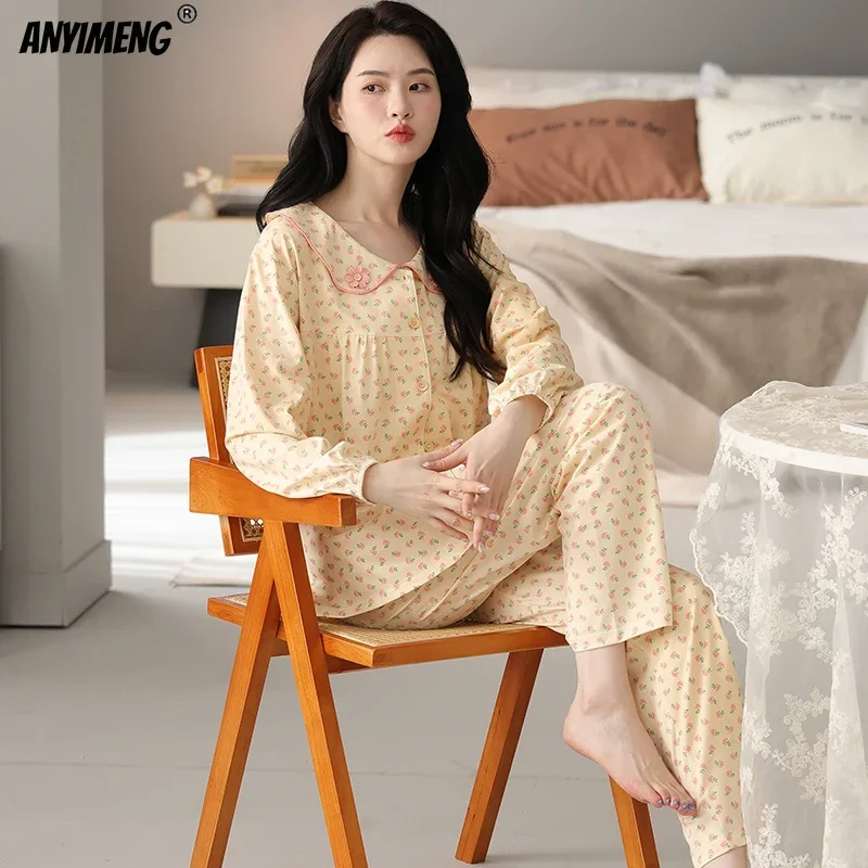 여성용 공주 스타일 잠옷, 인조 코튼 라펠 잠옷, 긴팔 가디건, 패션 소녀 라운지웨어, 가을 겨울