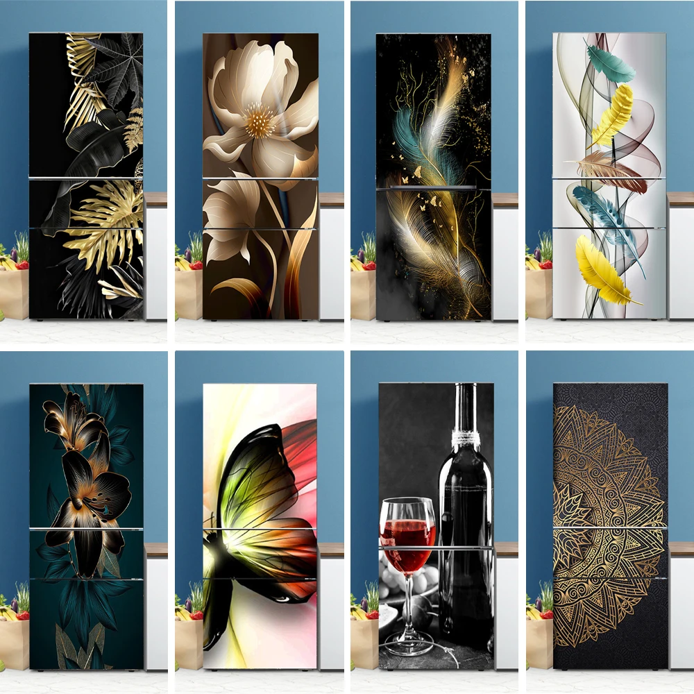 Black-Gold-Plants-Leaf-Fridge-Mural-Wallpaper-Cover-Self-Adhesive-PVC