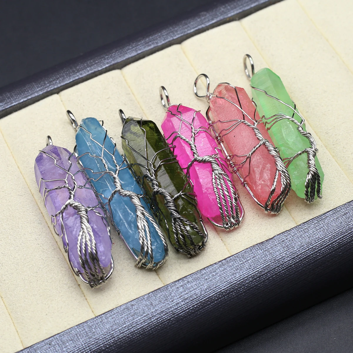6PCS Natural Semiprecious Crystal Column Pendant with Spiritual Healing Jewelry Making DIY Necklace Accessories