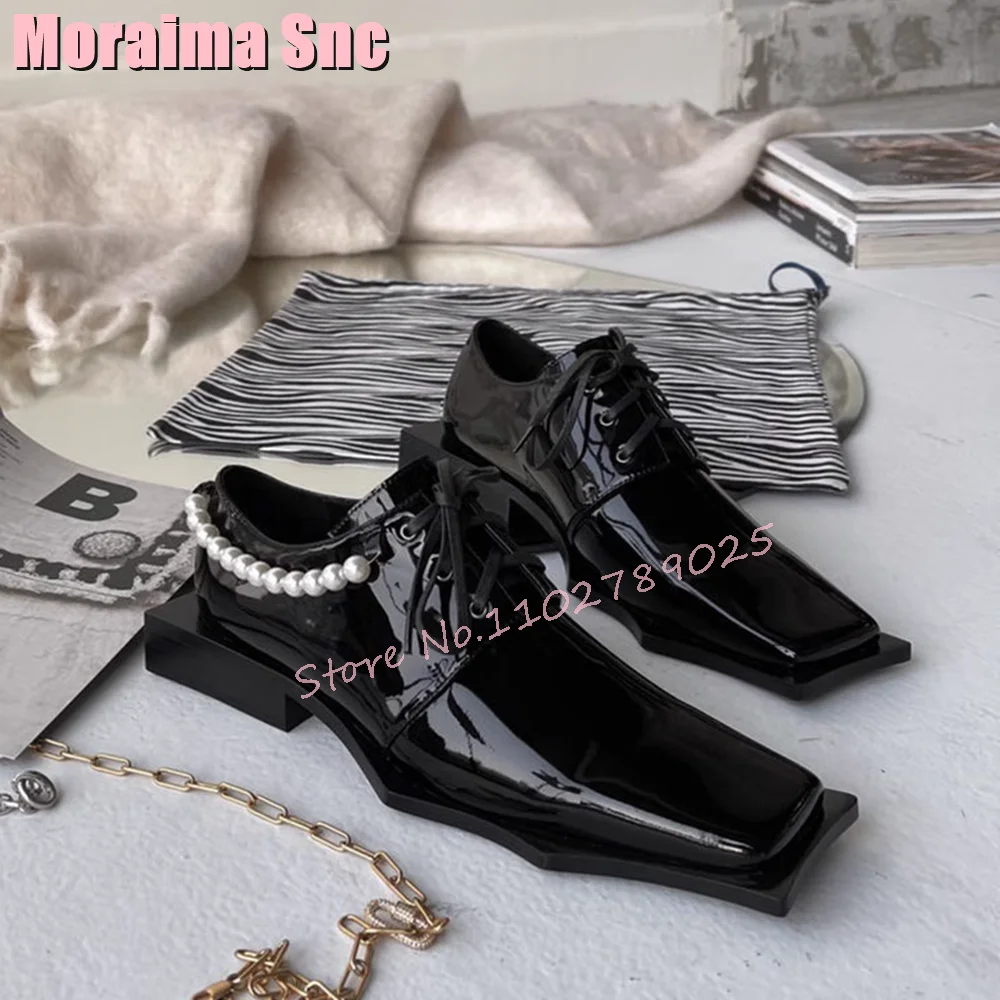 

Pearl Chain Square Toe Pumps Lace Up Patent Leather Women Shoes Block Mid Heel Black Solid Fashion Black Solid Casual 2023 New