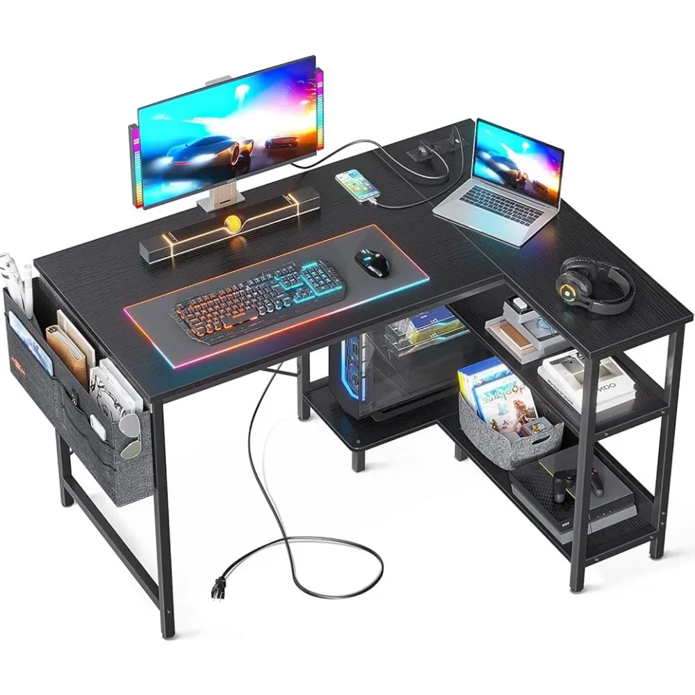 

40 Inch Small L Shaped Gaming Computer Desks with Power Outlets, Reversible Storage Shelves & PC Stand for Office,Black