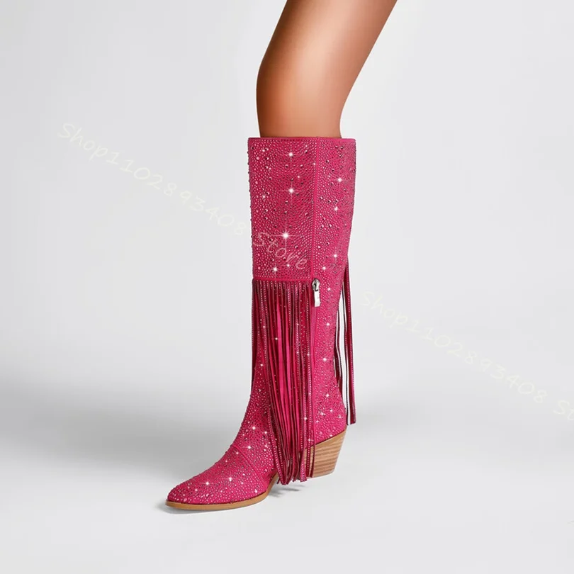 

Rhinestone Tassel Style Boots Side Zipper Pointed Toe Chunky High Heels Solid Women Autumn New Fashion Shoes Zapatos Para Mujere