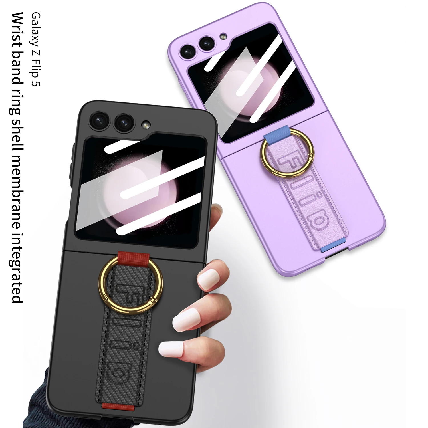 For Samsung Galaxy Z Flip 5 4 3 Case Skin-Friendly Ultra Thin Matte Wrist Strap Metal Ring Bracket Mirror Film Shockproof Cover