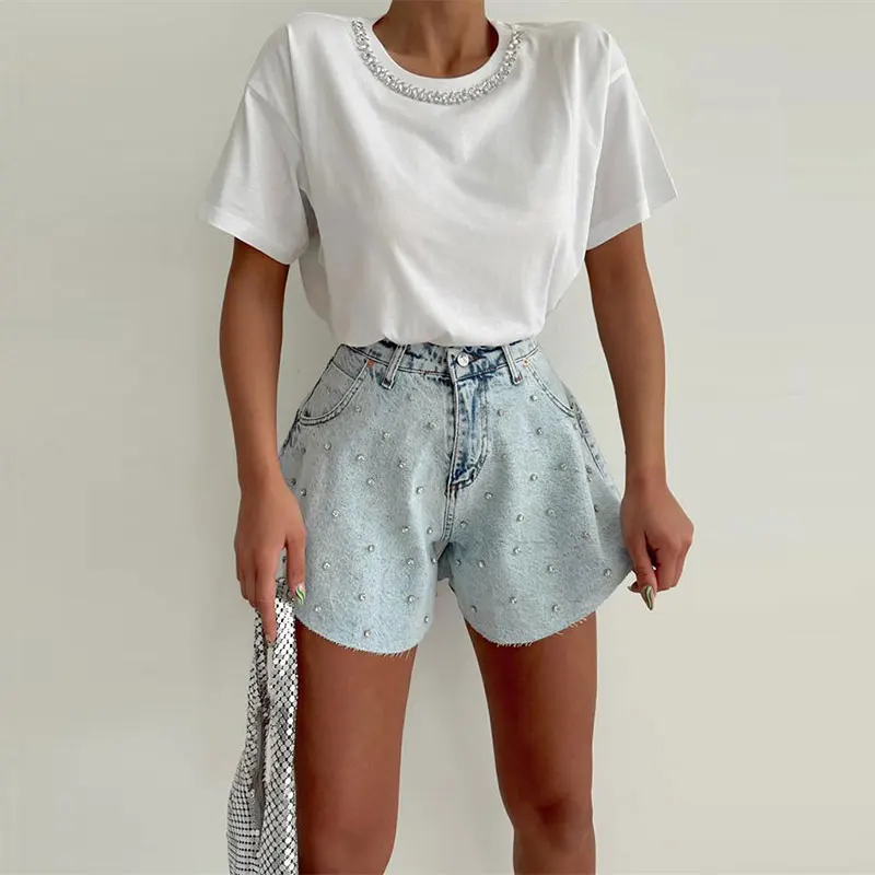 

2023 Summer New Diamonds Women Denim Shorts Streetwear Vintage High Waist Wide Leg Short Pants