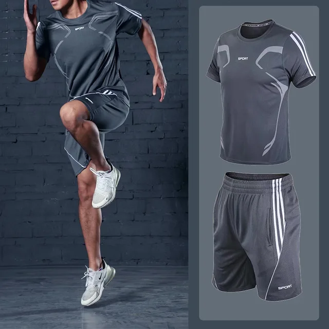 Men s running fitness pcs set breathable sportsuit quick drying clothes pants sportwear suits workout