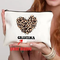 Heart Leopard Pattern Name Customization White Makeup Bag Canvas Wash Bag Organizer Fashion Travel Lipstick Storage Bags Wallet 1