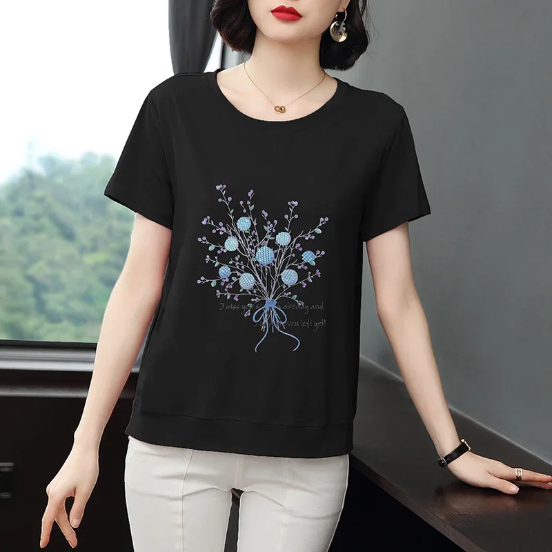 

O Neck Short Sleeve T Shirt Women's Printed Pullover Women Summer Drak Blue Top