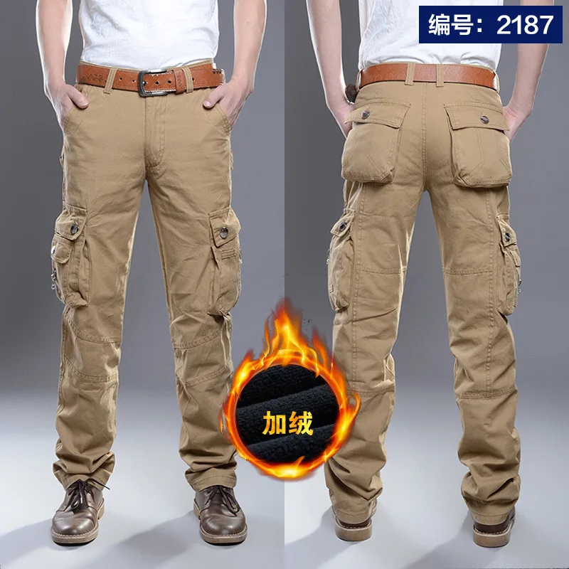 

Модные осенние брюки-карго в Корейском стиле, хлопковые теплые утепленные военные армейские тактические комбинезоны с бархатной подкладкой, мужские брюки, мужская одежда