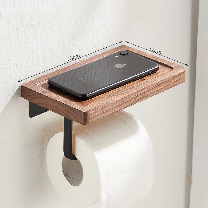 Double Paper Holder with Shelf Black Wood Wall Mounted WC Tissue