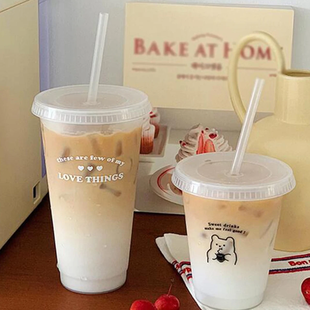 Milk Tea Cup Frosted Transparent PP Cartoon Plastic Straw Cup