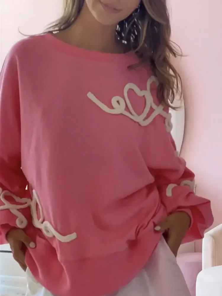 

Heart Thread Embroidery Sweatshirt Women's Long Sleeve Pullover Heart Thread Pink Valentine's Day Sweatshirt for Women