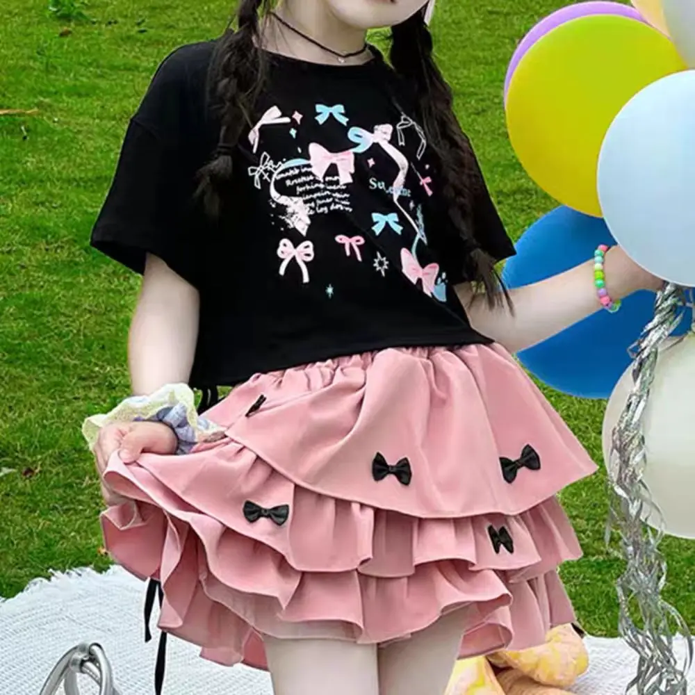 Outfits Y2K Bow Children Cake Skirt Set Pleated Slim Fit T-shirt Skirt Suit Teenagers Sweet Girls Clothes Set Summer