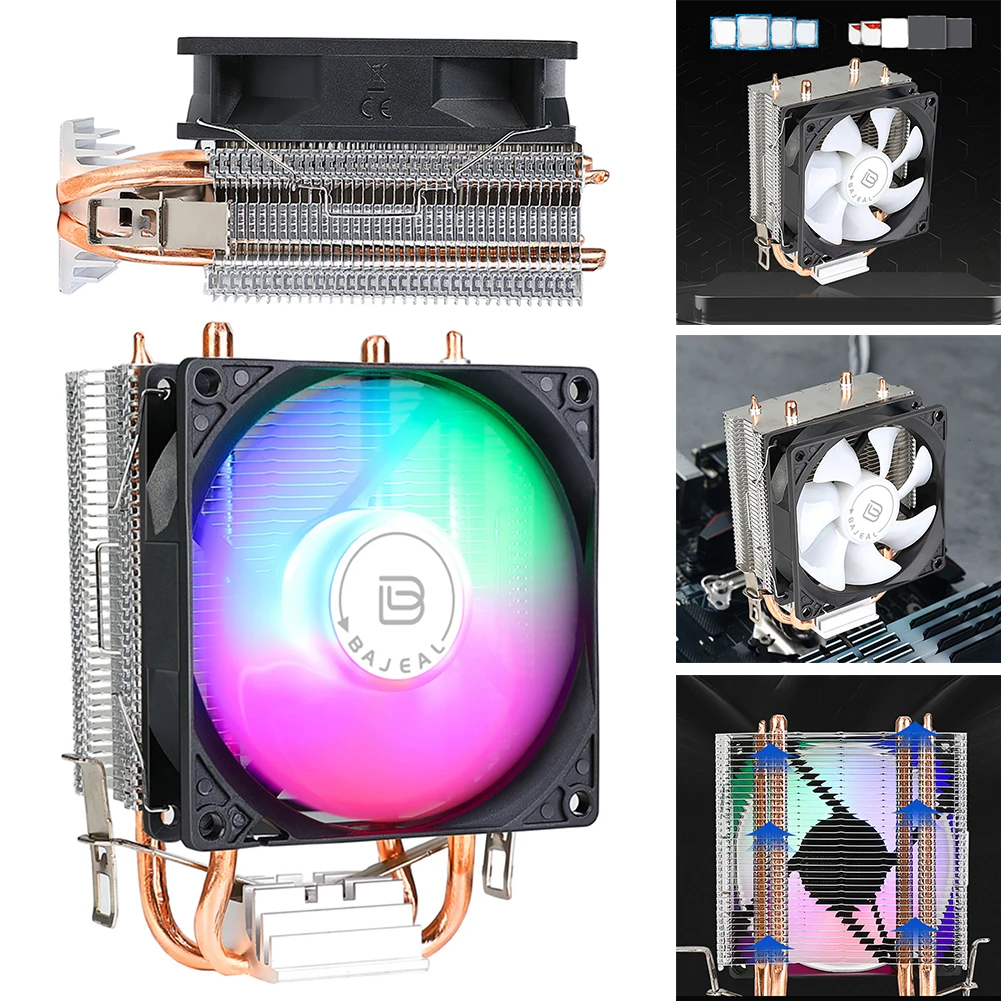 CPU 쿨러, 히트 파이프 2 개 포함, CPU 에어 쿨러, 인텔 LGA775, 1150, 1151, 1155, 1156/1200, AMD AM2 용, 3 핀 저소음 레인보우 RGB 냉각 선풍기