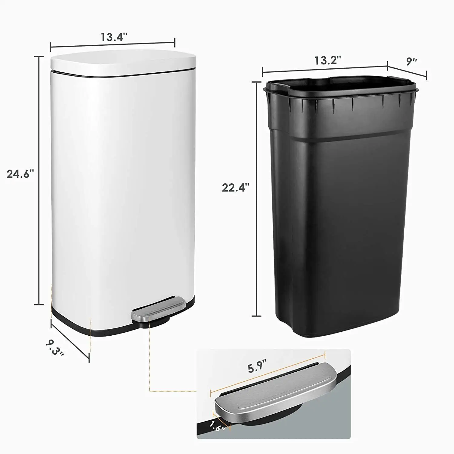Homfa 30L Stainless Steel Step Trash Can Kitchen Garbage Can W/ Soft Close, Black,White, Silver, Gray, Red