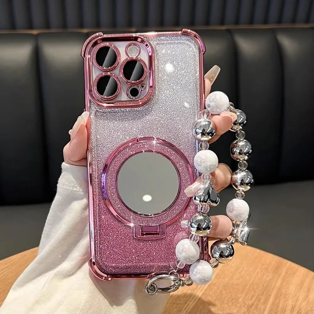 Lovely Heart Bracelet Mirror Phone Holder Case - Shockproof Glitter Cover