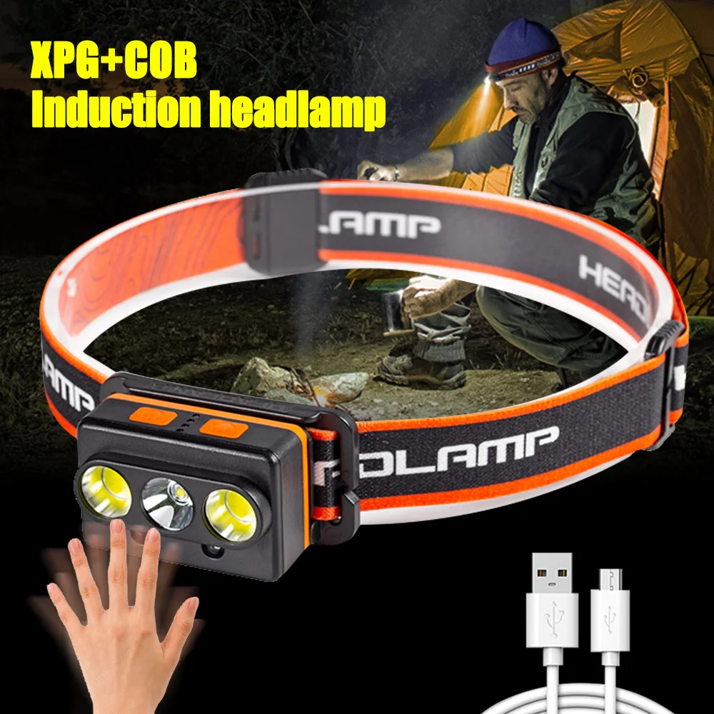 

Portable Induction Headlamp XPG+COB LED USB Rechargeable Head Light 7 Modes Sensor Headlamp for Running Fishing Camping