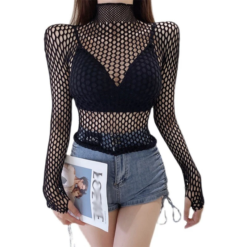 Goth Black Skinny Mesh Top | Long Sleeve Crop Top Gothic Turtleneck Streetwear