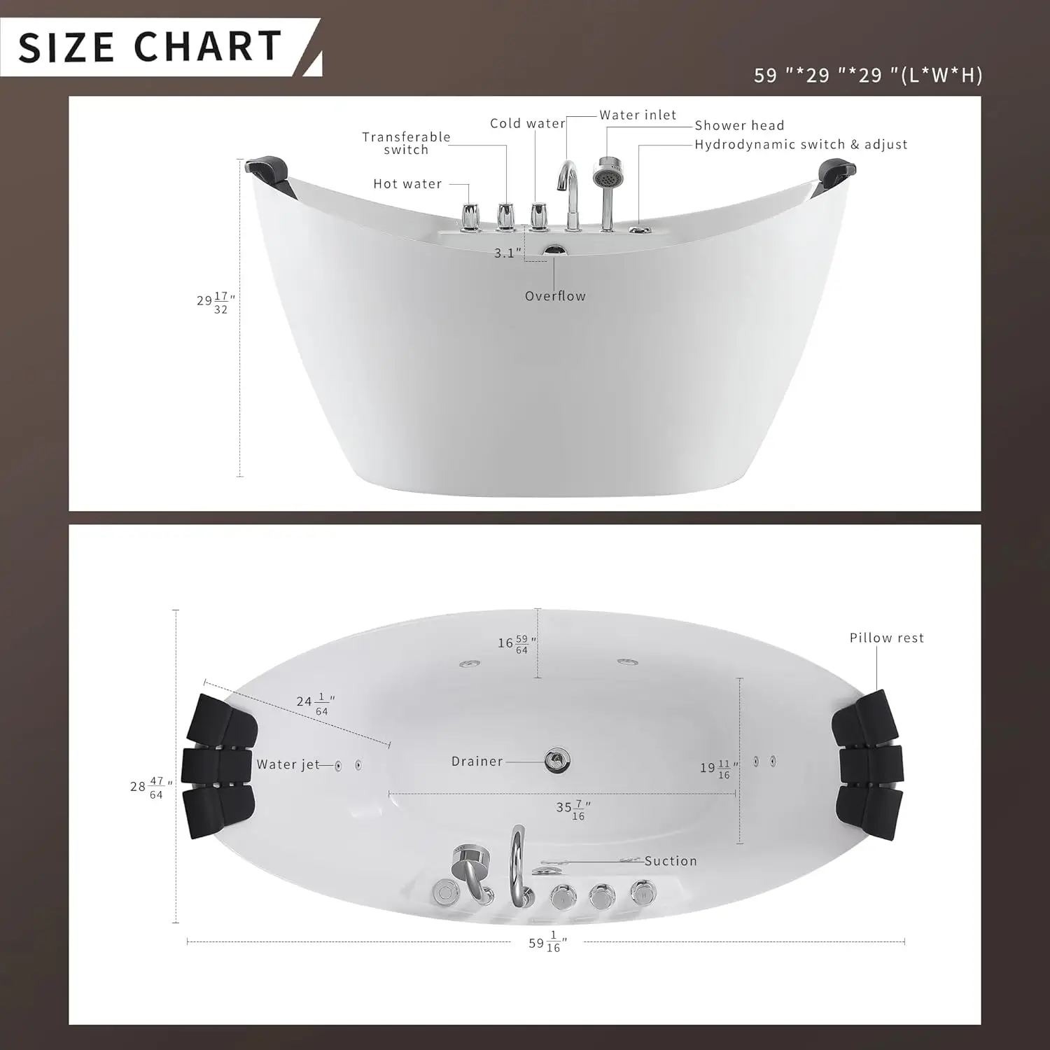 59 Inch Freestanding Whirlpool Bathtub with Hydromassage Adjustable Water Jets Luxury Acrylic Massage SPA Soaking Bath Tub 4