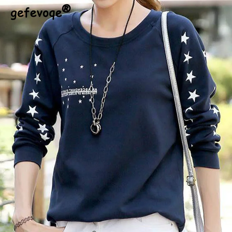 Autumn Winter Clothes 2023 Korean Five Pointed Star Letter Print Pullovers Fashion Crew Neck Dark Blue Loose Sweatshirts Lady