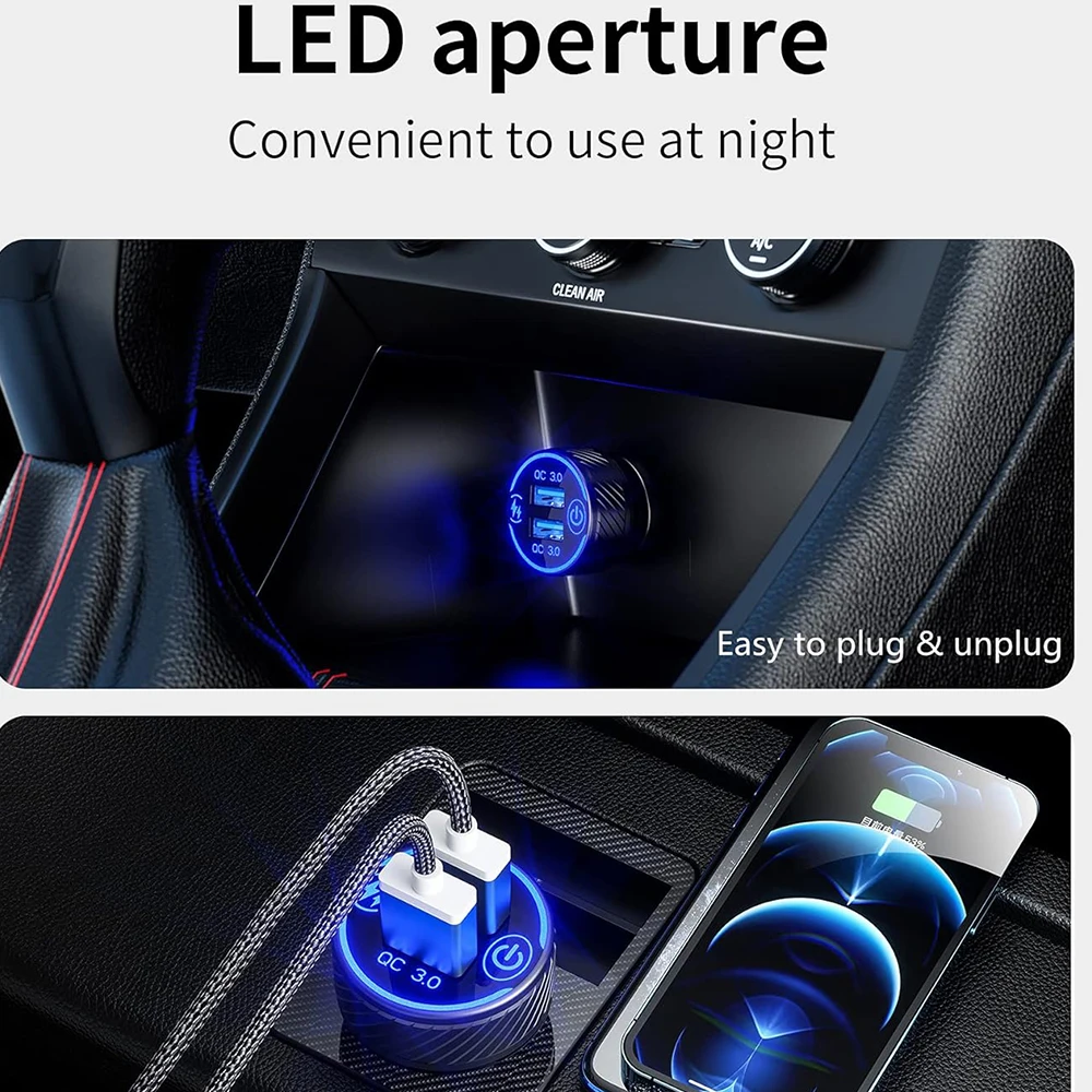 36W 3A Fast Car Charger Adapter Dual QC3.0 USB Car Charger Fast Charge with Blue LED and ON/Off Switch for 12V-24V RV ATV car charger,car phone charger