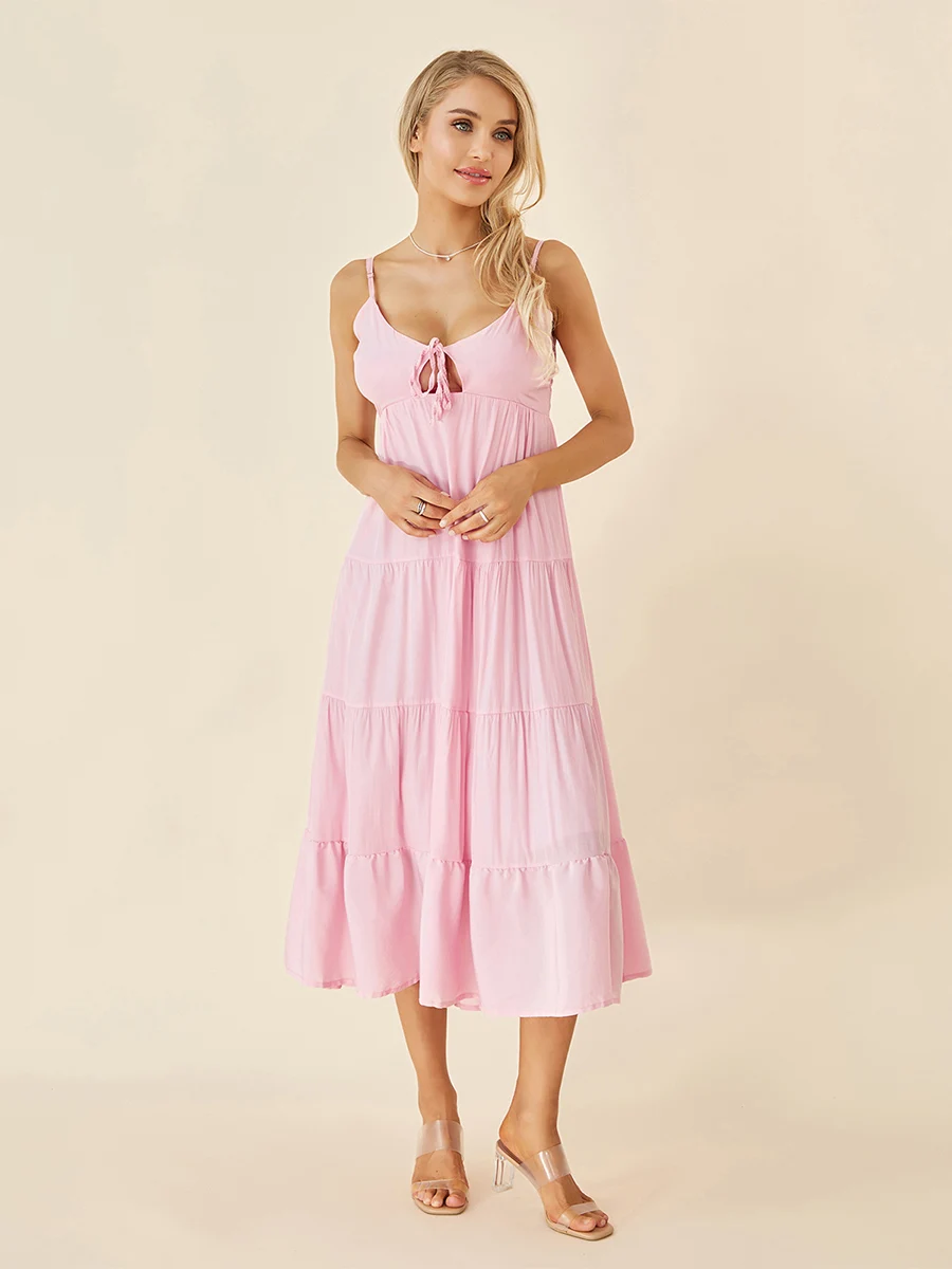 

fashion vintage womens boho Summer Midi Cami Dress Solid Sleeveless Spaghetti Strap Backless Tie-Up Party Beach A-line Dress