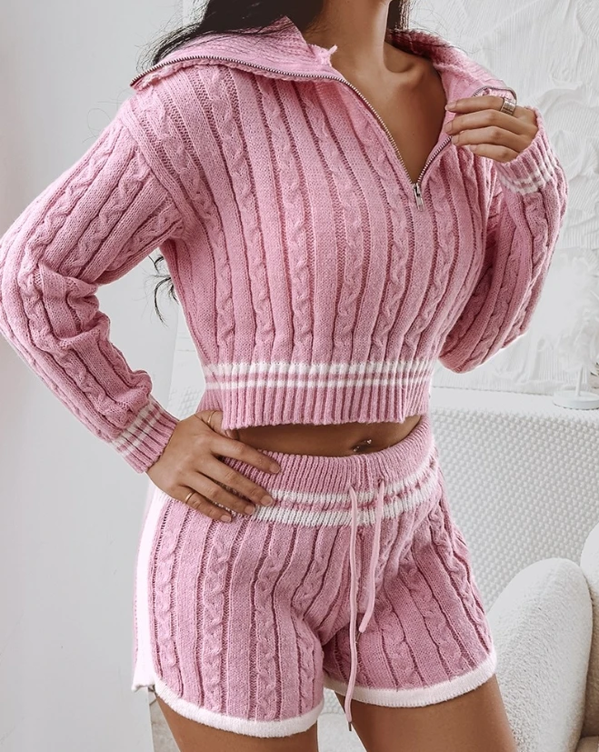 

Two Piece Set Women Outfit 2023 Casual Long Sleeve Turn-Down Collar Striped Cable Knit Cardigan & Fashion Drawstring Shorts Set