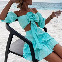 Women Fashion Boho Two Piece Outfit Summer Cotton Solid Beach Suit Sexy Flower Off Shoulder Crop Tops And Ruffles Mini Skirt Set