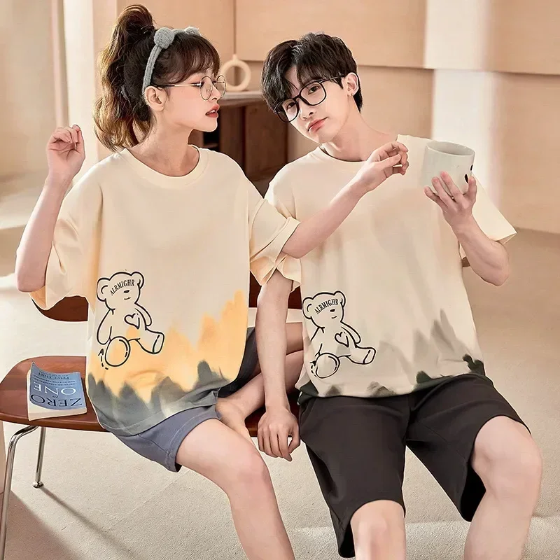 

И пижамы, короткие женские пижамы, мужские пижамы, одежда для сна с рукавами, одежда для влюбленных пар, домашняя одежда, летние Мультяшные Хлопковые наборы