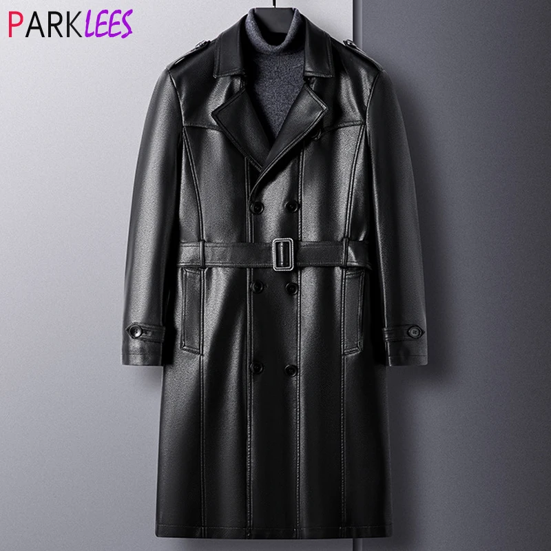 

Mens Extra Long Double Breasted Pu Leather Jacket 2023 Winter New Belt PU Leather Jacket Business Formal Trench Coat Windbreaker