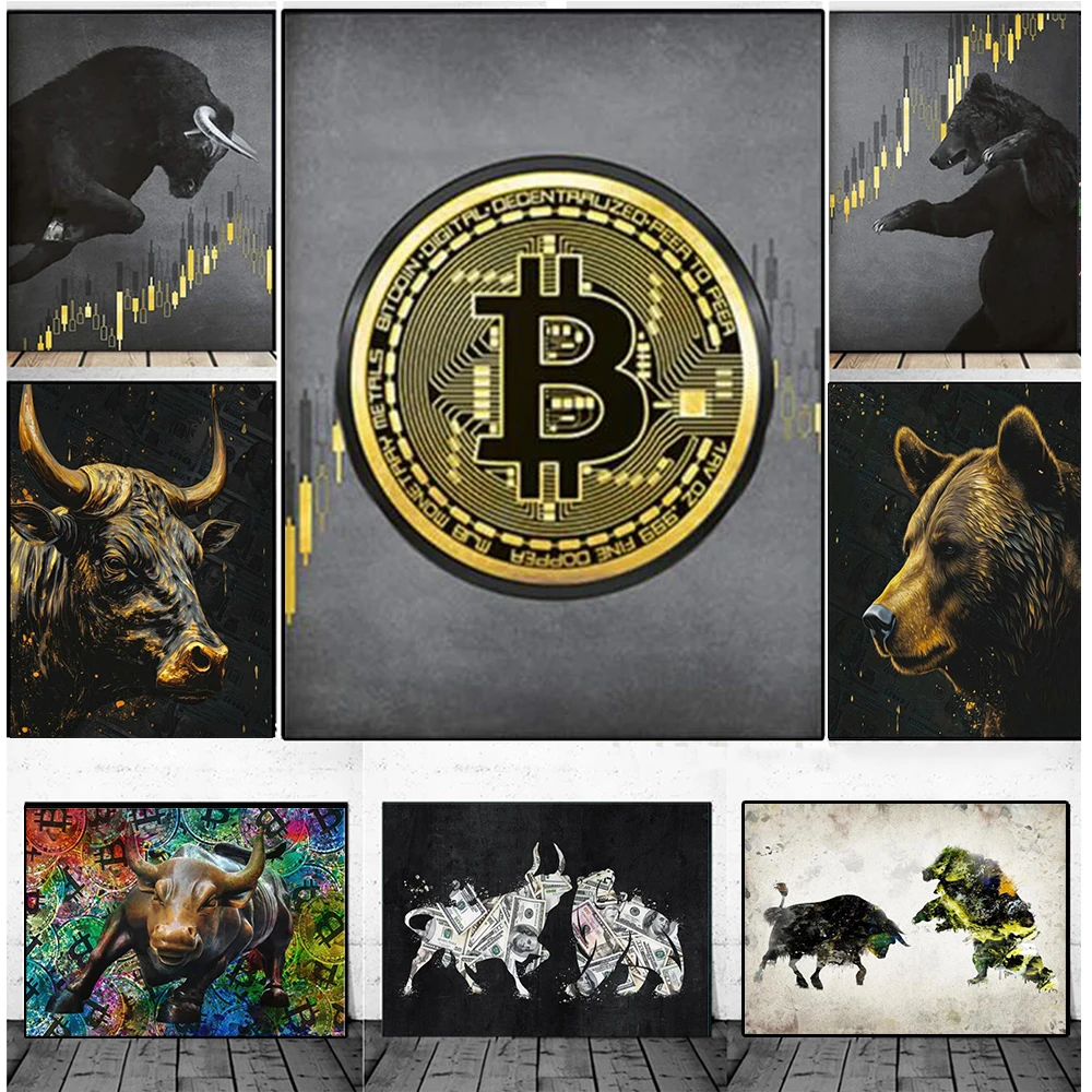 ビットコインクリプトブルベアマーケットキャンバス絵画、お金の壁アート、ポスター印刷、リビングルーム、オフィス、寝室、モダンな家の装飾 -  AliExpress