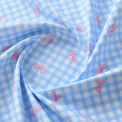 Grid Bow Print 100% Cotton Fabric for DIY Sewing and Crafting Projects (Blue)