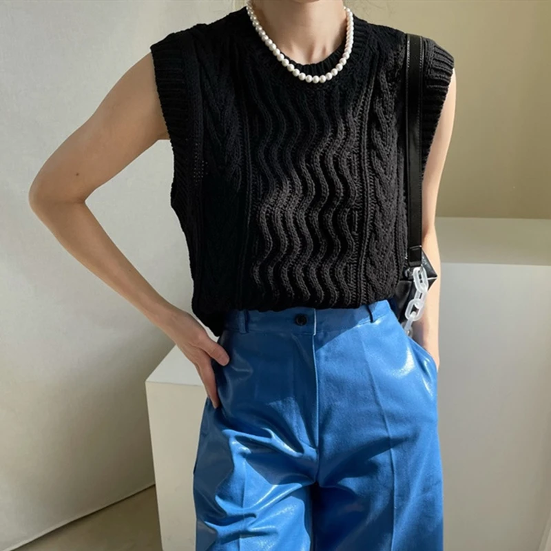 

Vintage Vest Sweater for Women 2022 Spring Autumn Knitted Cute Sleeveless Vests Top Korean Style O-neck Green Female Clothing