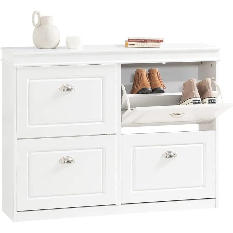 

FSR79-W, White Shoe Cabinet with 4 Flip Drawers, Freestanding Shoe Rack, Shoe Storage Cupboard Organizer Unit