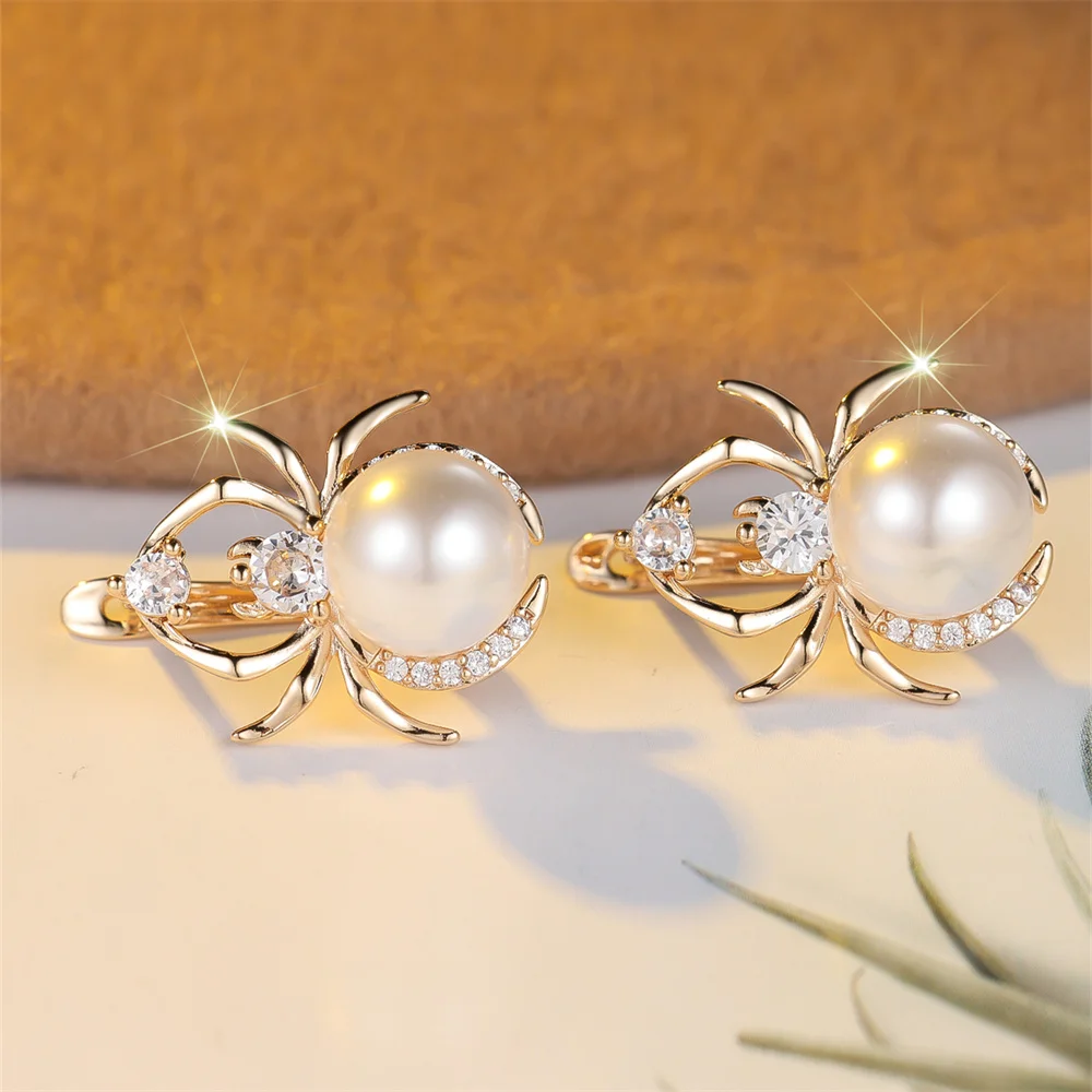 Simulated Pearl White Zircon Spider Hoop Earrings For Women Vintage Gold Color Ear Buckle Wedding Jewelry Halloween Party Gifts