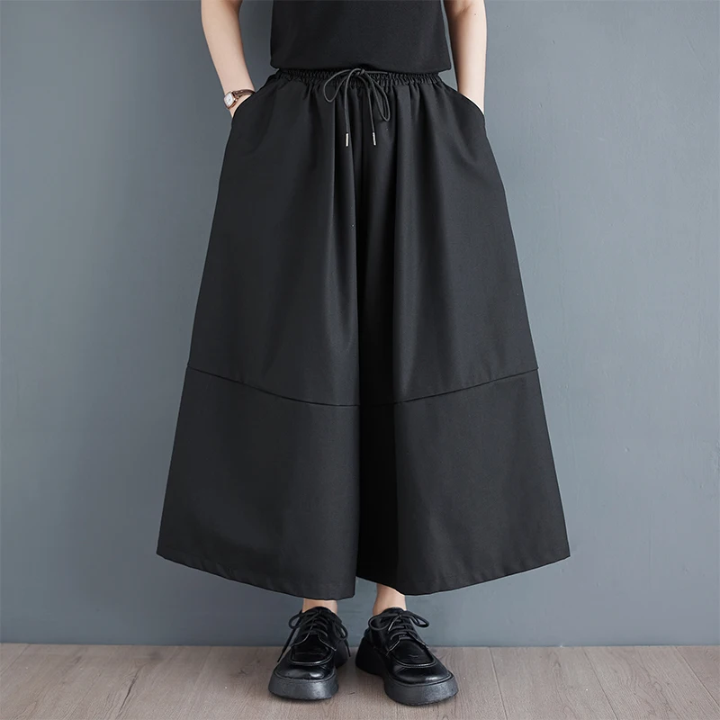 

Japanese Yamamoto Style Patchwork Bandage Dark Black Loose Chic Spring Summer Wide leg pants Culotte Fashion Wmen Casual Pants