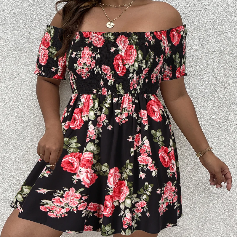 

Finjani Plus Size Dresses Summer Ladies Sexy Off Shoulder Flower Print Dress Elegant Short Sleeve Elastic Irregular Dress Vestid