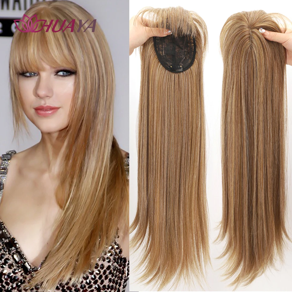 HUAYA Synthetic Women Hair Clip In Hair Piece With Bangs Cover Thinning Hair and White Hair Hairpiece Top Clip on Hair Extension