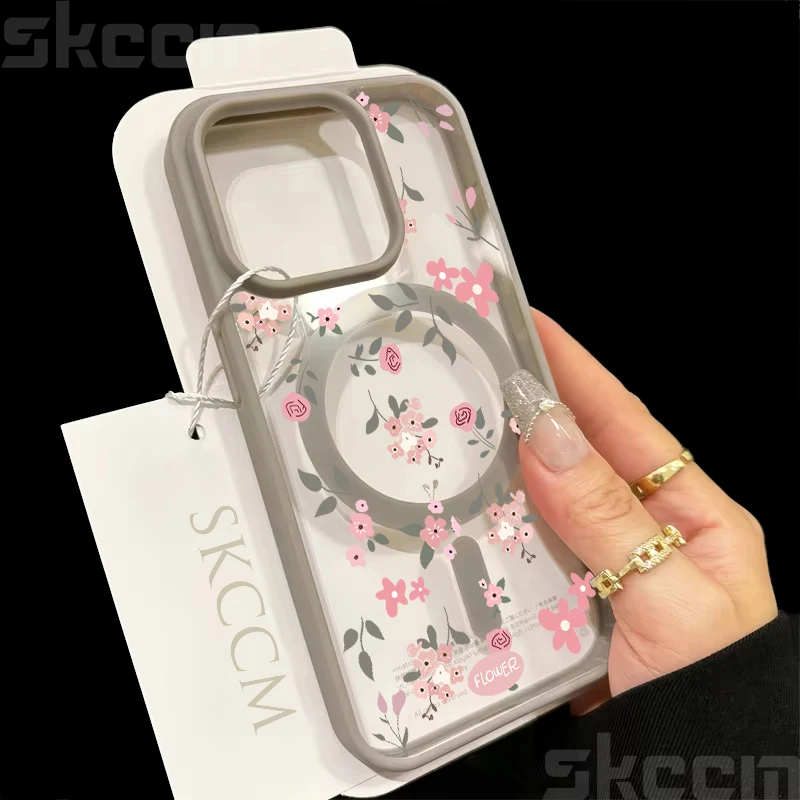 Pink Flower Transparent Shockproof Phone Case with Magnetic Wireless Charging Capability