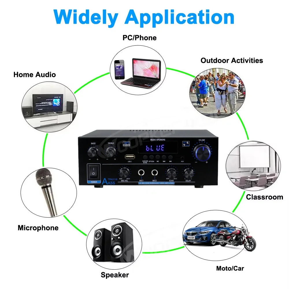 AK55 Bluetooth Amplifier HIFI Digital Sound Amp Channel 2.0 for Home Car Karaoke