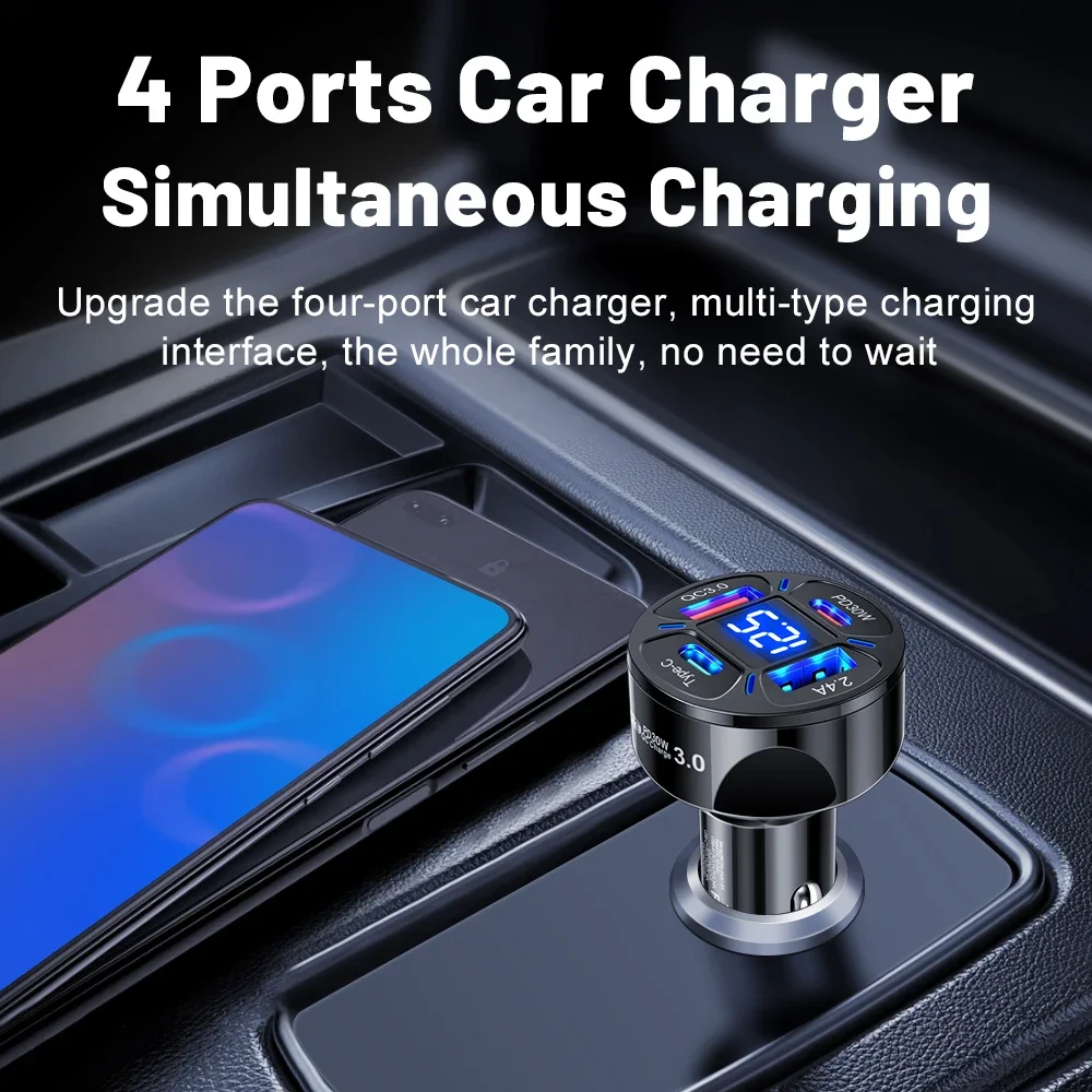 100W USB C Car Charger 4 Ports PD Fast Charging Car Phone Charger For iPhone 15 Samsung Xiaomi LED Display Cigarette Lighter