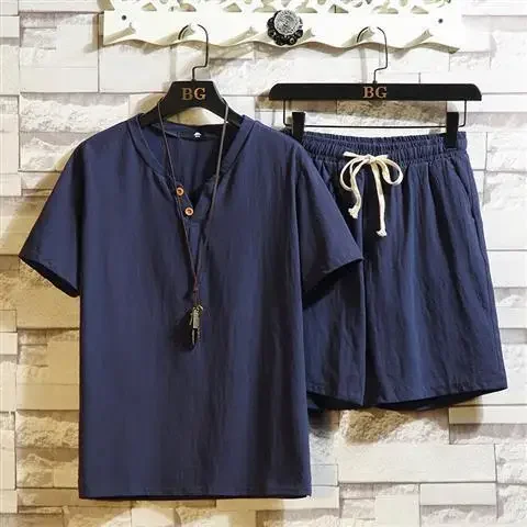 thumbnail image 1 of Conjunto de chándal para hombre, camiseta y pantalones cortos, sin logotipo, chándal de lino, sudaderas, tendencias, disfraces, pantalones cortos para hombre, ropa barata, verano, 5xl, 1 of 5